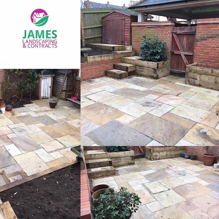 complete garden refurbishment and overhaul fossil buff sand stone paving laid