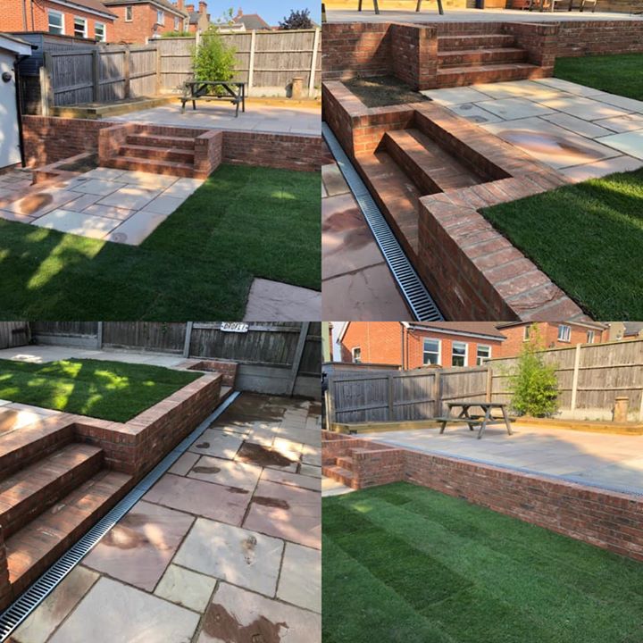 recently completed, a three tiered garden. brick retaining wall & steps